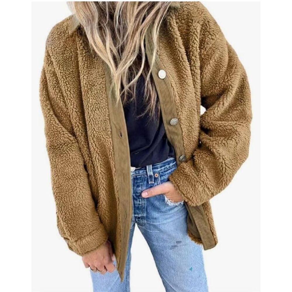 NEW Tan Fleece Jacket Buttons Fuzzy Fleece Sherpa Coat Pockets M